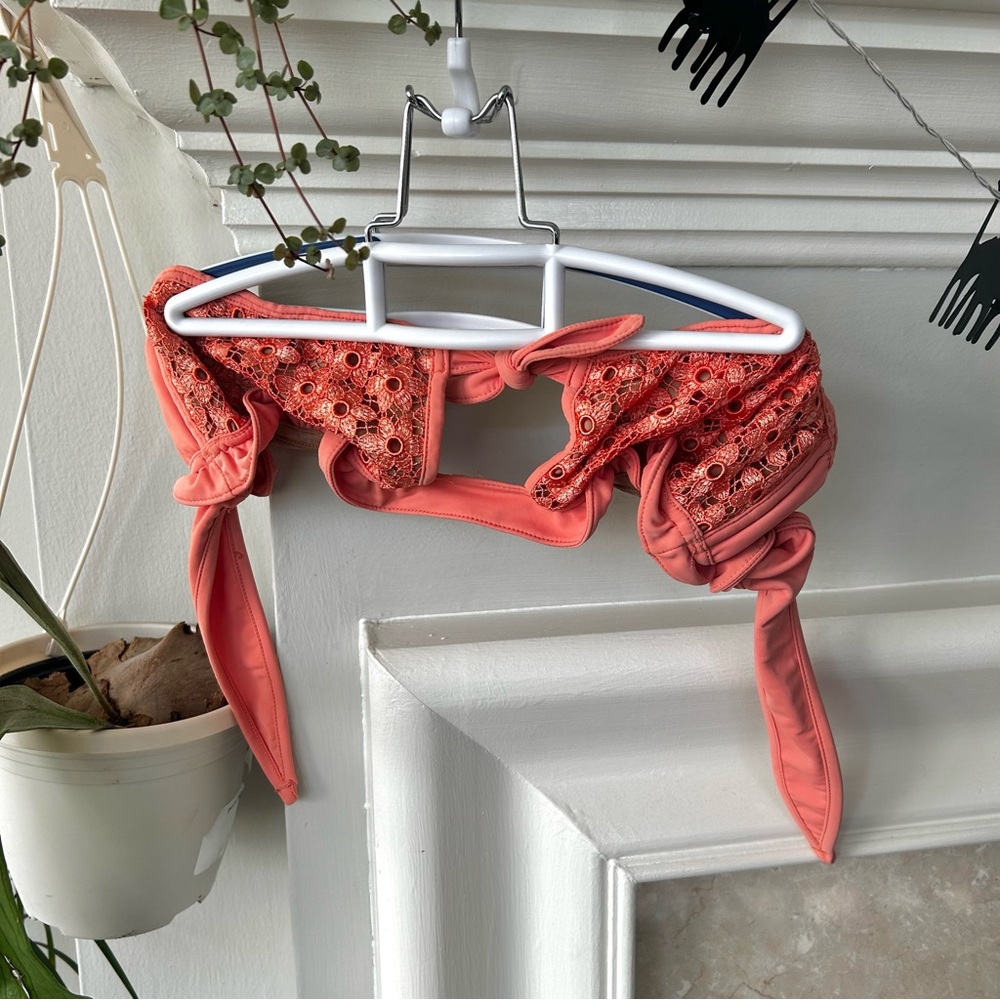 For Love and Lemons Floral Lace Coral Bikini Top